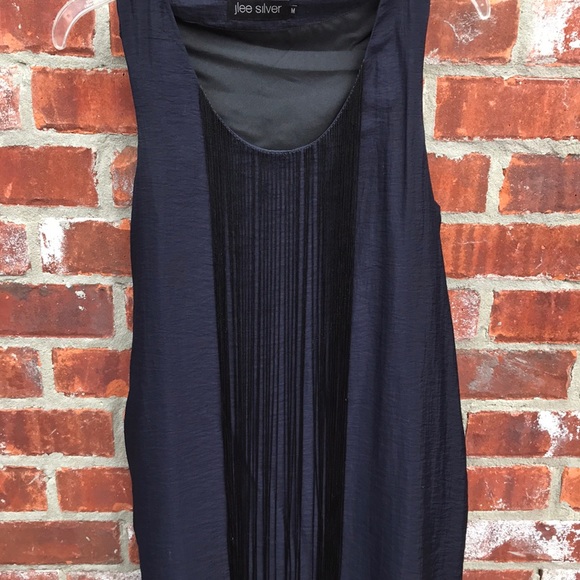 Navy dress with black fringe. HAS POCKETS! - Picture 3 of 3